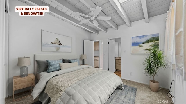 carpeted bedroom with beamed ceiling and wood ceiling