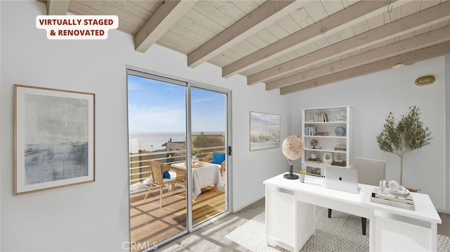 office area with lofted ceiling with beams, a water view, and wooden ceiling