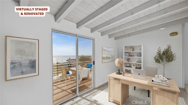 office space with beamed ceiling, a water view, and wood ceiling