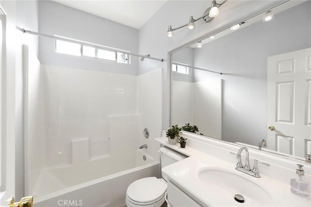 full bathroom with toilet, vanity, and bathing tub / shower combination