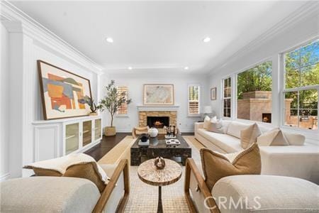 living room featuring a fireplace, ornamental molding, and hardwood / wood-style flooring