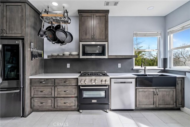 kitchen featuring appliances with stainless steel finishes, a healthy amount of sunlight, dark brown cabinets, and sink