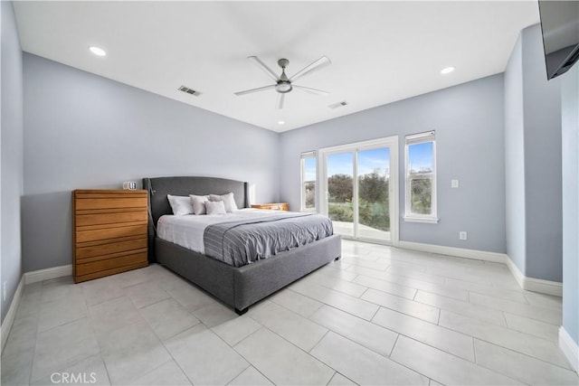 bedroom featuring access to outside and ceiling fan