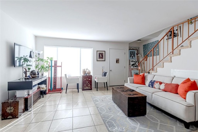 living room featuring tile patterned flooring