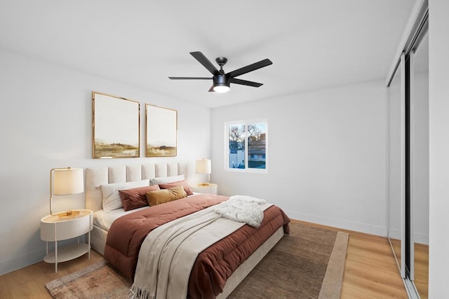 bedroom with ceiling fan and wood-type flooring