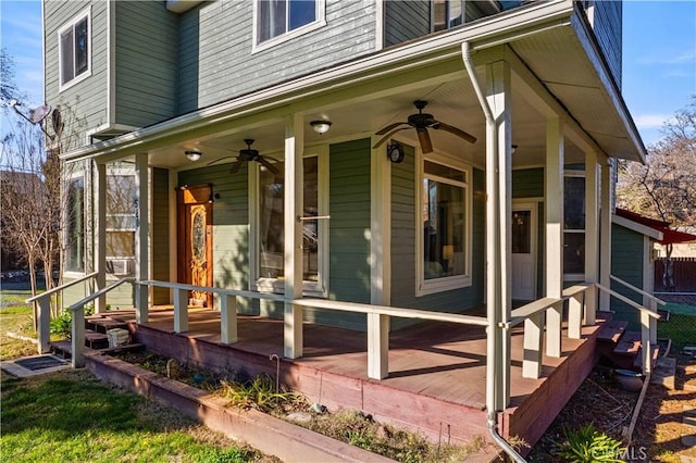 exterior space featuring ceiling fan and a porch