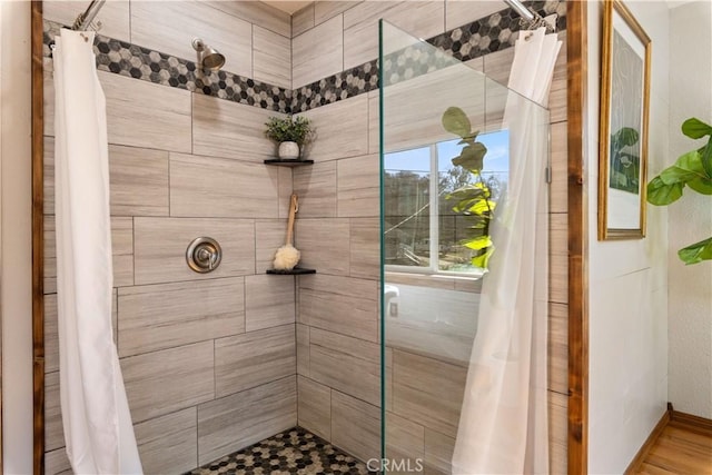 bathroom with a shower with curtain