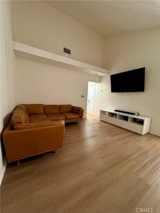 living room featuring a high ceiling and hardwood / wood-style floors