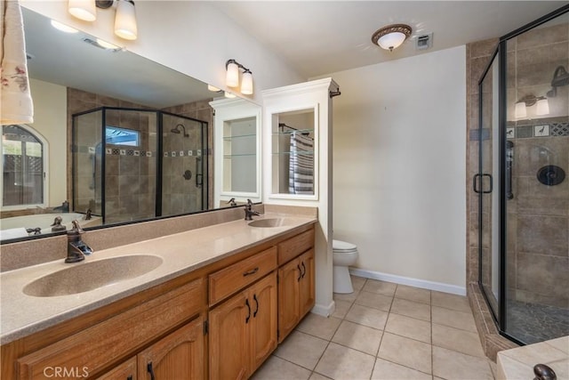 bathroom featuring a shower with door, vanity, tile patterned flooring, and toilet