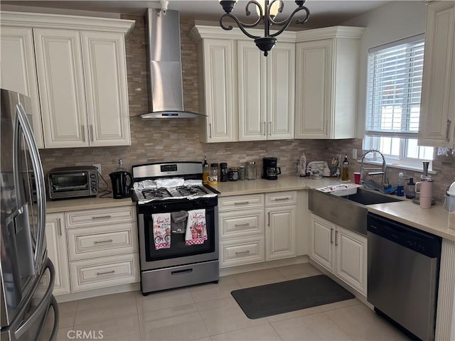 kitchen with appliances with stainless steel finishes, sink, wall chimney range hood, and decorative backsplash