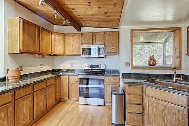 kitchen featuring sink, light hardwood / wood-style flooring, stainless steel appliances, track lighting, and wooden ceiling