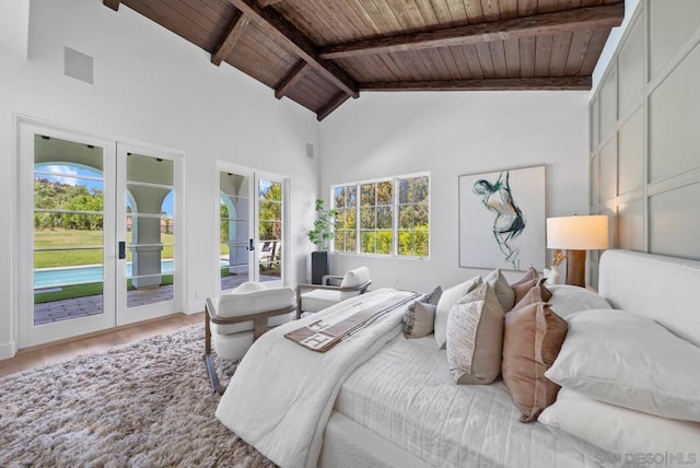 bedroom featuring beam ceiling, wood ceiling, access to outside, and french doors