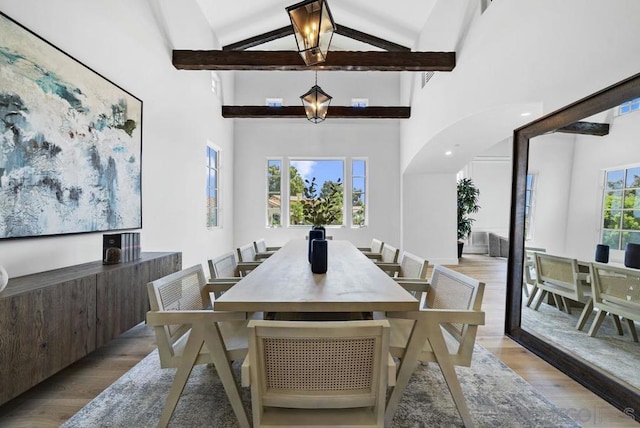 dining room featuring plenty of natural light, high vaulted ceiling, and light wood-type flooring