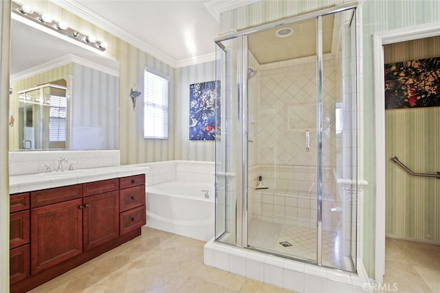 bathroom with crown molding, vanity, and plus walk in shower