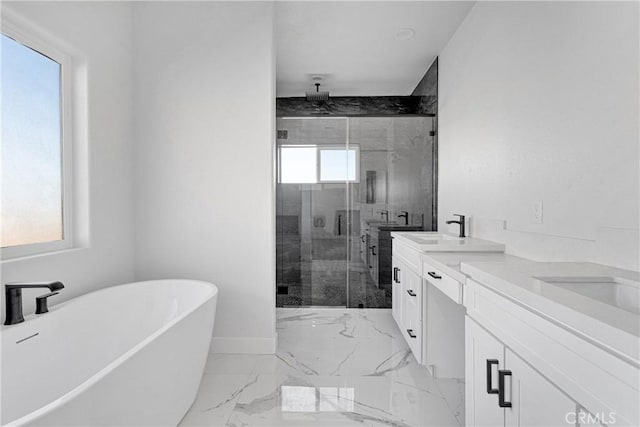 bathroom with independent shower and bath and vanity