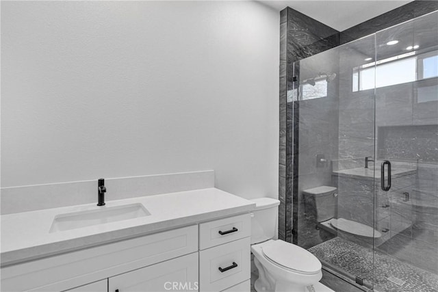 bathroom featuring toilet, a shower with door, and vanity