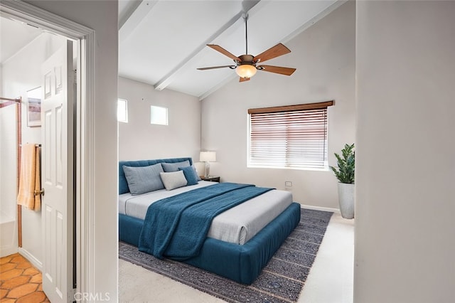 bedroom with ceiling fan and lofted ceiling with beams