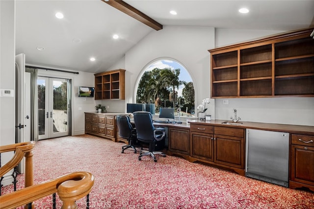 office area featuring light carpet, sink, french doors, and beamed ceiling