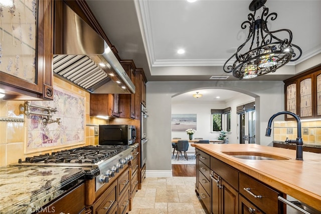 kitchen with backsplash, wooden counters, range hood, sink, and appliances with stainless steel finishes