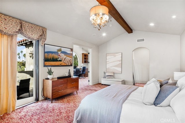 carpeted bedroom with access to outside, lofted ceiling with beams, and a notable chandelier