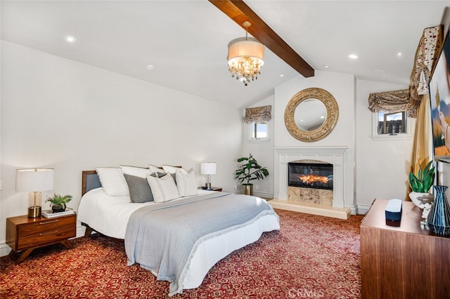 bedroom featuring carpet floors, vaulted ceiling with beams, and an inviting chandelier