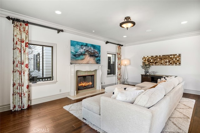 living room featuring dark wood-type flooring and ornamental molding