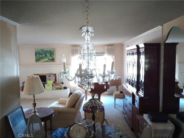 carpeted living room featuring a chandelier and crown molding