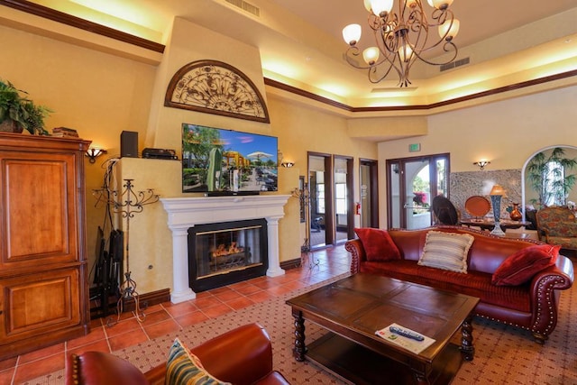 tiled living room featuring a raised ceiling, a towering ceiling, and a notable chandelier