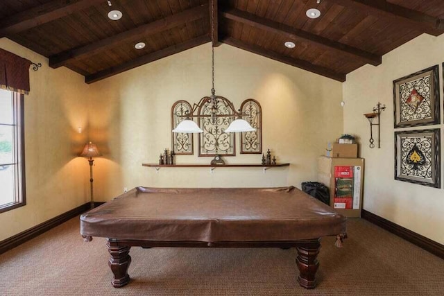 rec room with wooden ceiling, billiards, lofted ceiling with beams, and carpet flooring