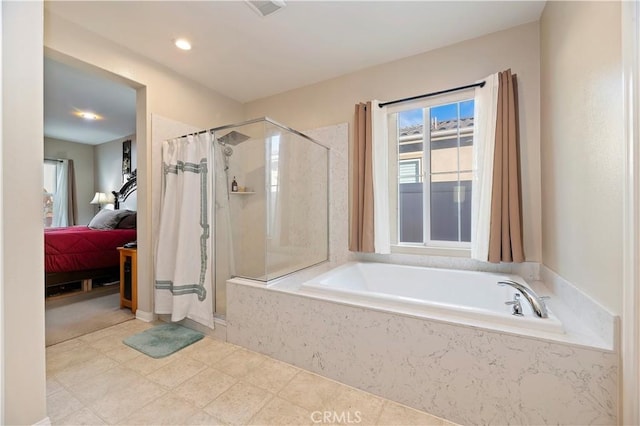 full bath featuring ensuite bathroom, visible vents, a stall shower, and a bath