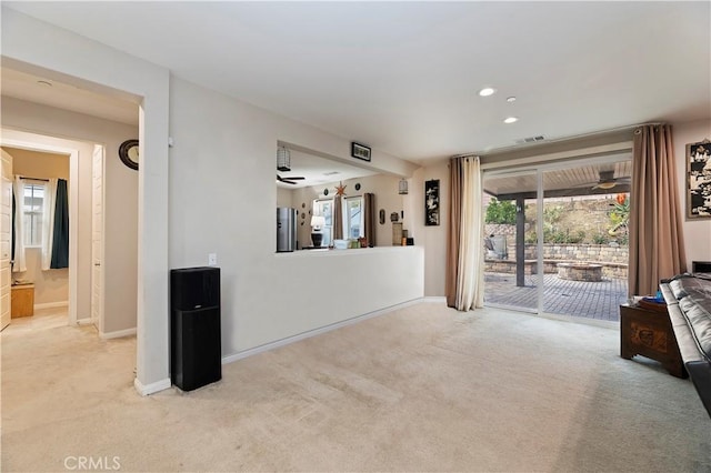 unfurnished room with recessed lighting, visible vents, carpet flooring, ceiling fan, and baseboards