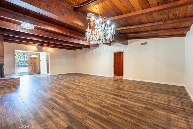 unfurnished living room featuring wood ceiling, dark hardwood / wood-style floors, a chandelier, and vaulted ceiling with beams