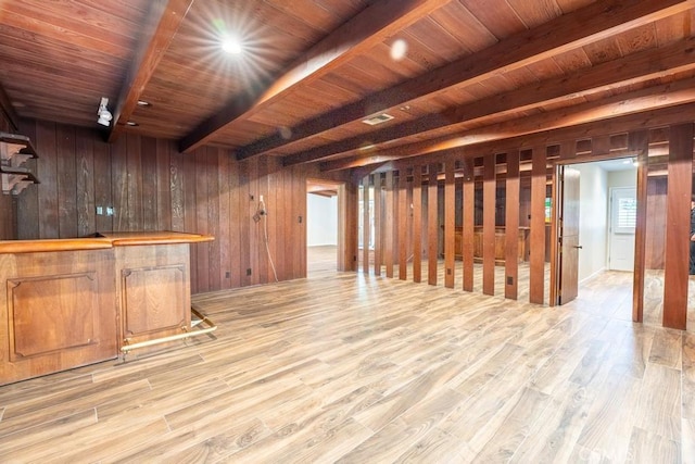 bar with beamed ceiling, wooden ceiling, wooden walls, and light hardwood / wood-style flooring