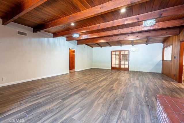 spare room featuring beamed ceiling, dark hardwood / wood-style flooring, wood ceiling, and french doors