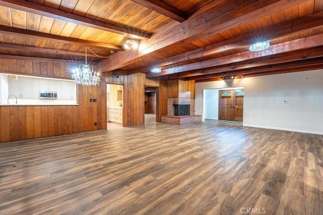 unfurnished living room featuring wood ceiling, a fireplace, beam ceiling, and wood walls