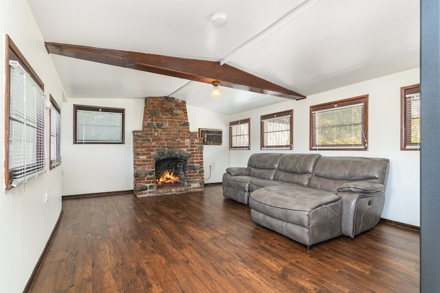 living room with dark wood-type flooring, a brick fireplace, and lofted ceiling with beams