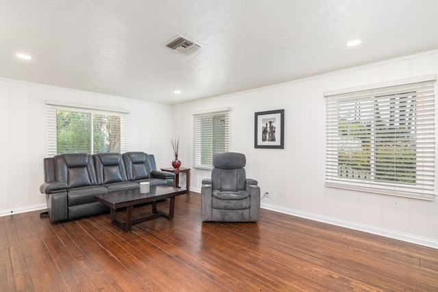 living room featuring dark wood-type flooring and crown molding