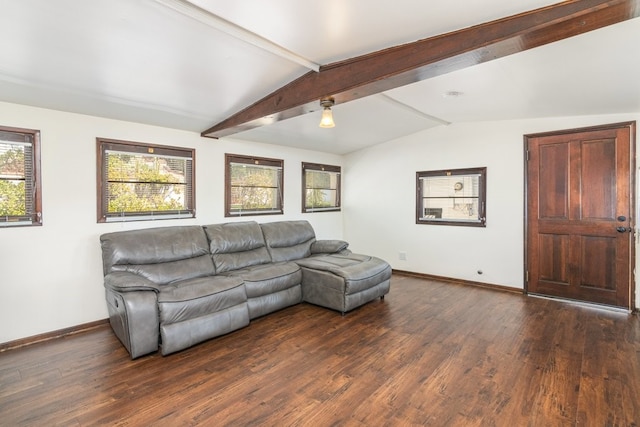 living room featuring dark hardwood / wood-style flooring and lofted ceiling with beams