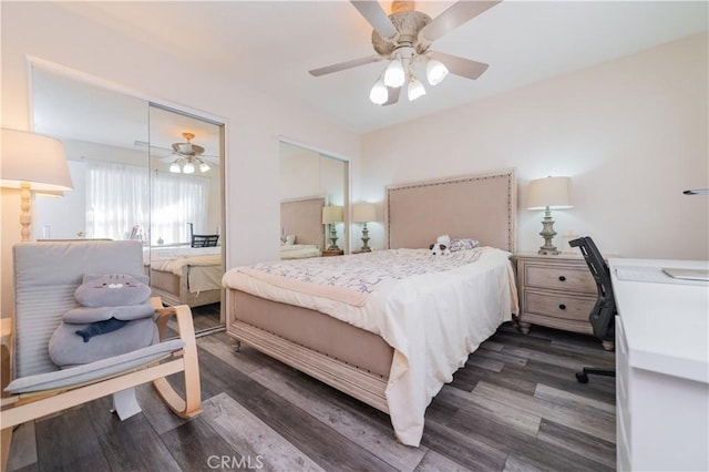 bedroom featuring ceiling fan and dark wood-type flooring