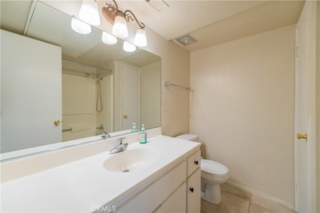 bathroom featuring toilet, vanity, tile patterned flooring, and walk in shower