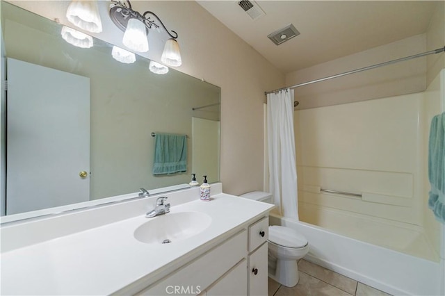 full bathroom with tile patterned floors, toilet, vanity, and shower / tub combo with curtain