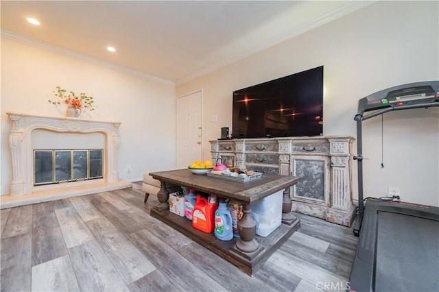 living room featuring wood-type flooring and ornamental molding