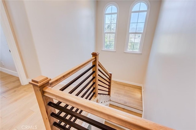 staircase with hardwood / wood-style floors