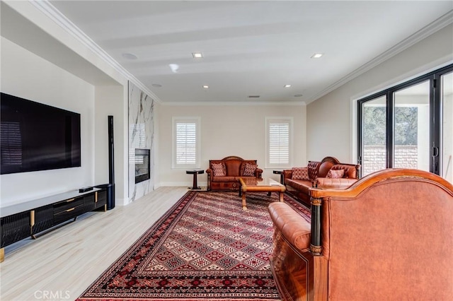 living room with crown molding