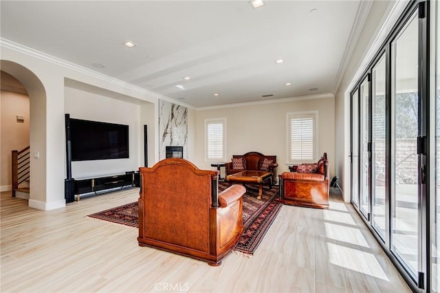 living room with ornamental molding and a healthy amount of sunlight