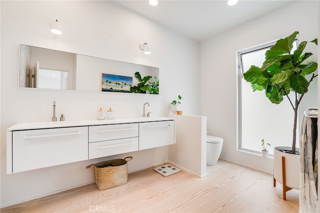 bathroom featuring toilet, vanity, wood-type flooring, and plenty of natural light