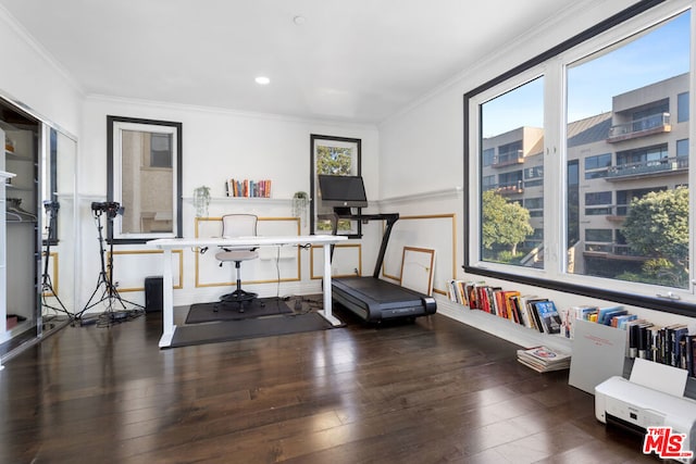 workout room with dark hardwood / wood-style flooring and crown molding