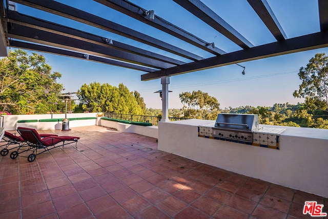 view of patio / terrace featuring exterior kitchen, a pergola, and a grill