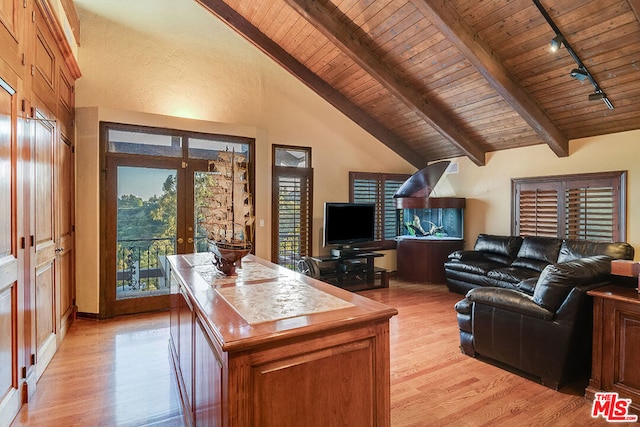 living room with track lighting, wood ceiling, french doors, vaulted ceiling with beams, and light hardwood / wood-style floors