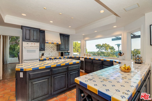 kitchen with premium range hood, plenty of natural light, and a tray ceiling